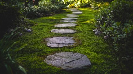 Fototapeta premium Stone Steps Winding Through Lush Green Mossy Garden