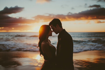 romantic sunset scene with couple embracing on beach, silhouetted against vibrant sky and ocean waves. moment captures love and intimacy