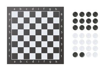 Chess boards on wooden background. Draughts, game with pieces in black and white. Vector