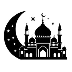 Mosque silhouette with crescent moon. Ramadan mubarak.