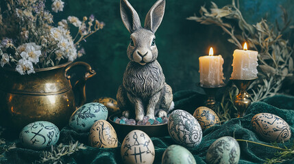 Pagan Easter Scene with Hare Statue and Decorated Eggs