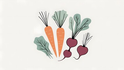 A simple, stylized grouping of two carrots and two beetroots with their greens, illustrated with clean lines and a limited color palette on a light background.