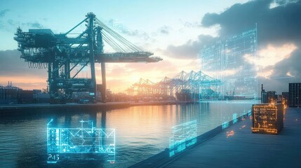 Fototapeta premium Digital Overlay of Container Port Cranes and Shipping