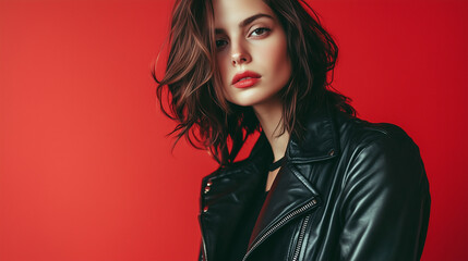 Fototapeta premium Confident woman in black leather jacket, soft light, blurred red background. Bold style meets effortless elegance. 