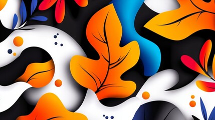 Naklejka premium Vibrant abstract artwork featuring stylized leaves in bold colors. A dynamic composition of orange, blue, and red against a dark background.