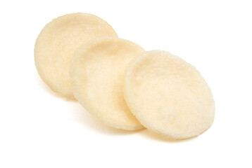 Fresh crunchy prawn crackers on white background