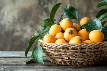 Basket of loquats on wood backdrop