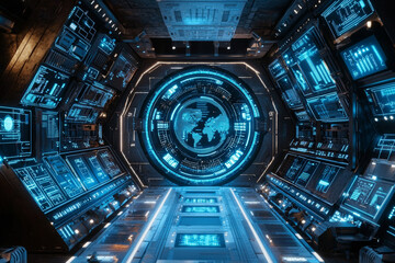 futuristic data server room with holographic displays and blue lighting, showcasing advanced technology and digital world map