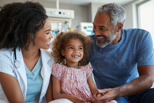 doctor smiles while interacting with child and her grandfather in hospital setting, creating warm and caring atmosphere