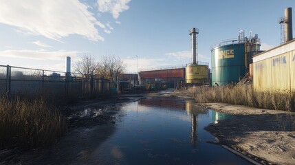 Obraz premium Industrial Complex Reflecting In Puddle Of Water