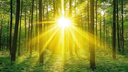 Obraz premium Sunbeams Illuminate Lush Green Forest Canopy