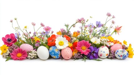 Fototapeta premium Easter eggs and spring flowers: A vibrant arrangement
