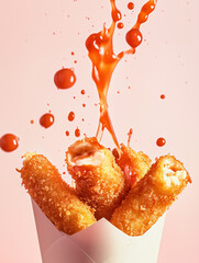 A vibrant and dynamic close-up of golden, crispy mozzarella sticks arranged in a paper wrap, drenched with rich marinara sauce being poured from above.
