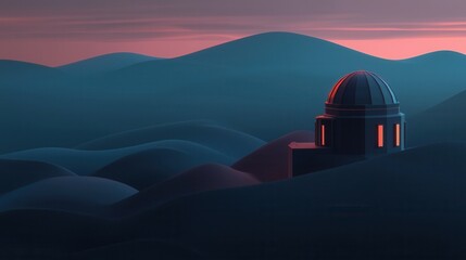 Obraz premium Digital illustration of a dome-shaped observatory on top of a mountain. the observatory is black in color and has a dome on top with a red light on the side.