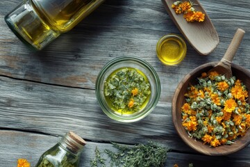 Bottles of calendula oil marigold flowers in a bowl and calendula salve on a wooden table Herbal remedy
