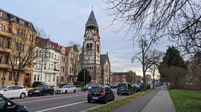 Dessau. Germany. 02.02.2025 street near the old church in the city