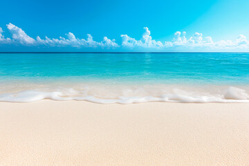 Fototapeta premium Tropical paradise with gentle waves lapping at sunlit beach. Vibrant ocean hues of blue and green blend into peaceful shoreline, creating serene and tranquil escape.