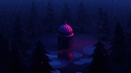 Digital illustration of a small dome-shaped structure in the middle of a forest. the dome is pink and has a dome on top, with a pointed roof. it is surrounded by tall pine trees on either side.