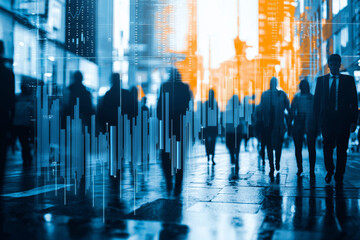 bustling city scene with silhouettes of people walking amidst digital data overlays, symbolizing urban life and technology