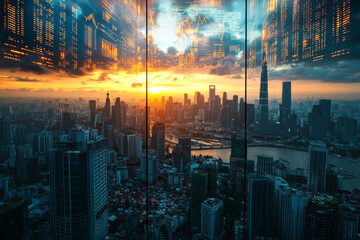 stunning cityscape at sunset, showcasing skyscrapers and digital overlays of data and graphs, reflecting modern urban environment