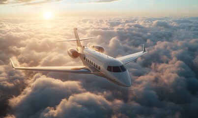 Private jet flies above the clouds at sunset golden light reflecting on the wings