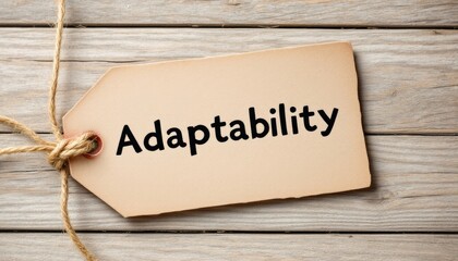 Adaptability concept displayed on a tag against a weathered wooden backdrop