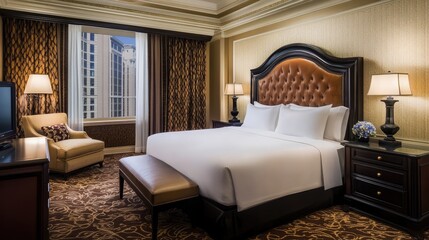 Fototapeta premium Luxurious Hotel Room Featuring King Size Bed and City View