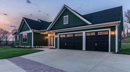 A sleek residence with exteriors of dark forest green and off-white