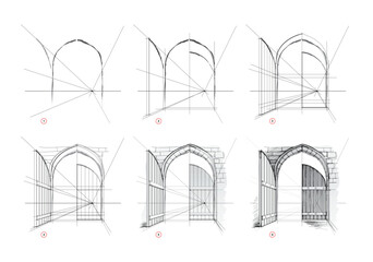 Page shows how to learn to draw a sketch of an old wooden gate in perspective from life. Pencil drawing lessons. Educational tutorial for artists. Development of artistic skills. Hand drawn vector.