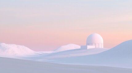 Fototapeta premium Digital illustration of a snowy landscape with a large white dome-shaped building on the right side.
