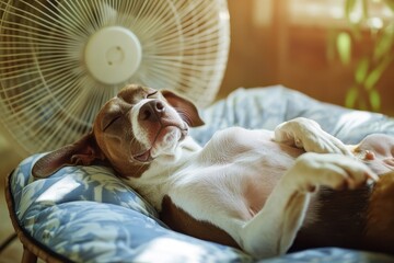 Calm dog sprawled in front of a fan legs up adorable puppy napping upside down in bed Helping pets stay cool during hot weather Female Harrier mix Focused shot