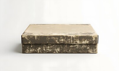 Grungy cardboard box on white background; storage, shipping concept