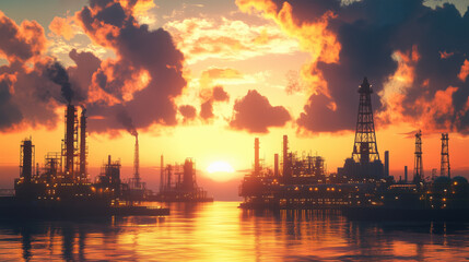 Offshore Oil Platform at Sunset with Large Storage Tanks in the Foreground and Energy Market Charts Depicting Global Crude Oil Price Fluctuations in the Background