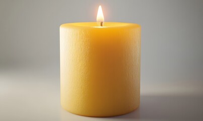 Illuminated yellow candle on white surface, peaceful background, for meditation or remembrance
