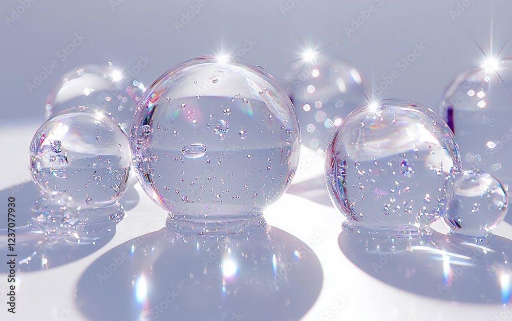 Poster transparent spheres with internal bubbles and light reflections on a white surface.