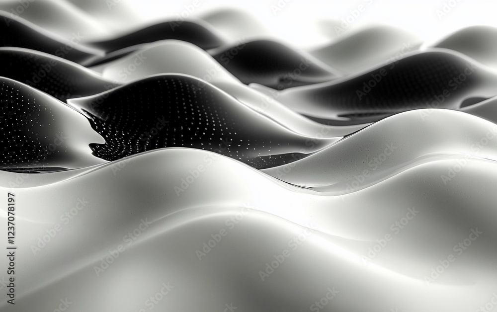 Poster Abstract grayscale undulating landscape with dotted texture.