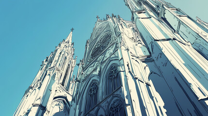Naklejka premium Gothic architecture of st. vitus cathedral soaring against a clear blue sky with intricate details and pointed spires. Gothic Elegance. Illustration