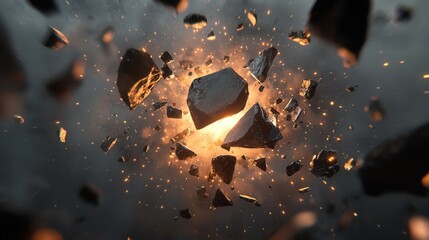 Group of black rocks falling into the air. the rocks are of different sizes and shapes, and they are scattered randomly across the image.