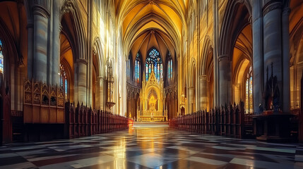 Fototapeta premium Gothic elegance: cathedral interior, hyperrealistic photo. Gothic Elegance. Illustration