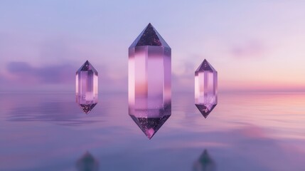 Three crystal objects floating in the water at sunset. the sky is a beautiful mix of pink and purple hues, with the sun setting in the background.