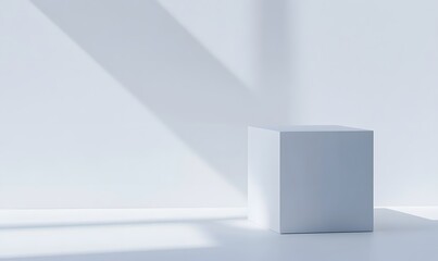 Minimalist white cube on white background, sunlight shadows, product display