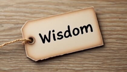 A weathered tag displaying 'Wisdom' resting on textured wood embodying insightful guidance