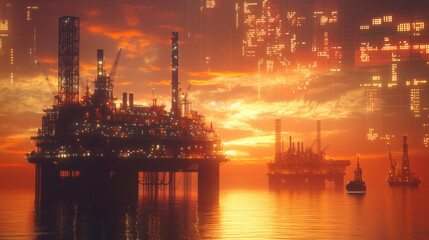 Offshore Oil Platform at Sunset with Large Storage Tanks in the Foreground and Energy Market Charts Depicting Global Crude Oil Price Fluctuations in the Background