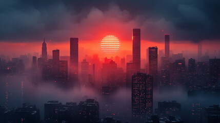 City skyline illuminated by a vibrant sunset casting dramatic shadows over buildings and clouds