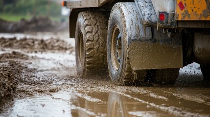 Obraz premium Mud splattered truck tire driving through a muddy puddle