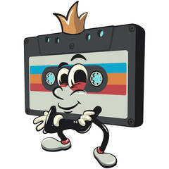 Cute retro cassette vektor illustration mascot character crowned like a king while folding his arms calmly, work of hand drawn