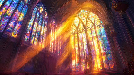 Stunning gothic architecture featuring stained glass and sunlight. Gothic Elegance. Illustration
