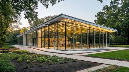 Fototapeta premium Modern Glass Library Building In A Tranquil Park Setting