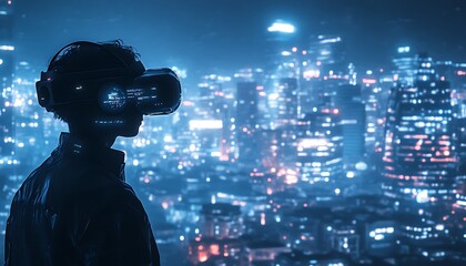 Person wearing VR headset, viewing futuristic city at night.