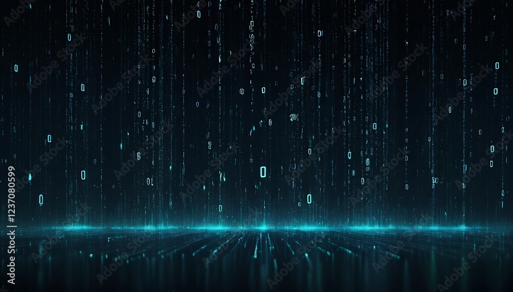 Poster digital rain: teal binary code falling on glowing surface